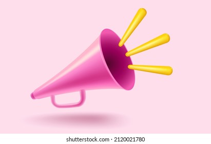 Vector vintage pink megaphone realistic 3d style. Vector illustration of retro loudspeaker on pink background.