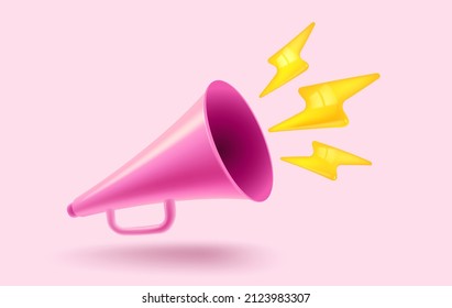 Vector vintage pink megaphone realistic 3d style. Vector illustration of retro loudspeaker on pink background with lightning.