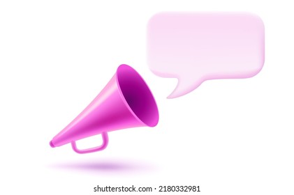 Megáfono rosa vectorial con burbuja de habla en un estilo 3d realista. Ilustración vectorial del altavoz retro con burbuja sobre fondo aislado.