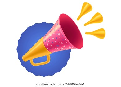 Vector vintage pink megaphone with terrazzo texture in realistic 3d style. Vector illustration of retro loudspeaker on isolated background.