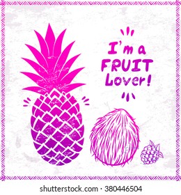 Vector Vintage pink pineapple and coconut illustration 