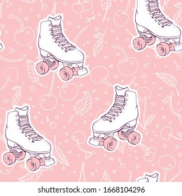 Vector Vintage Pink Roller Skates with Cherry Doodles seamless pattern background.