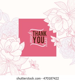 Vector Vintage Pink Square Frame Floral Drawing Wedding Invitation Thank You Card With Stylish Flowers and Text In Classic Retro Design.