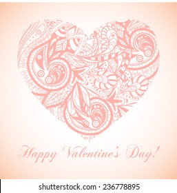 Vector vintage pink Valentine's day card with the heart with gorgeous ornament and text