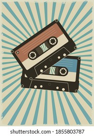 Vector vintage pin-up poster with simple minimalistic style tape compact cassette, retro music equipment