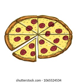 Vector vintage pizza drawing. Hand drawn color fast food illustration. Great for menu, poster or label.