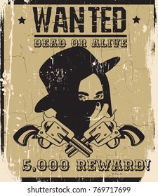 Vector vintage placard with hand drawn illustration. Poster made in wild west style with gun. Template for card, banner, print.