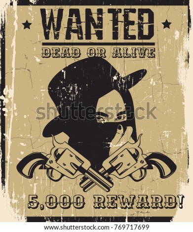 Vector vintage placard with hand drawn illustration. Poster made in wild west style with gun. Template for card, banner, print.