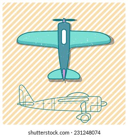 Vector vintage plane and its drawing on lined background