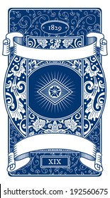 Vector Vintage Playing Cards Back Design, Floral Ornamental Drawing On Blue