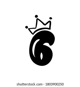 Vector Vintage Plump Cute number 6 with crown. Princess element six font logo. Valentine hand drawn alphabet sign for page decoration and design illustration. For greeting card, wedding or invitation.