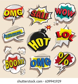 Vector vintage pop art comic speech and explosion bubble set with the most used words and abbreviations OMG, Hot, Sale, LOL, Boom, Wow, percentage sign.