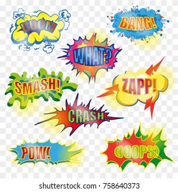 Vector vintage pop art comic spiky shape, speech and explosion bubble set with fashion phrases and expressions Bang, Zap, Boom, Smash, Crash, etc. Comic book sound effects on transparent background.