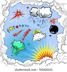 Vector vintage pop art explosion boom set. Explosive pyrotechnic effects in comic book style.