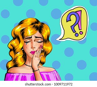 Vector vintage pop art illustration of crying woman and speech bubble with question and exclamation marks. Depression, sadness, pain concept in retro pop art comic style.
