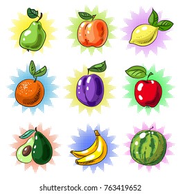 Vector vintage pop art patches set with tasty fresh fruits. Pear, peach, lemon, tangerine, apple, plum, mango banana and watermelon stickers, pins.