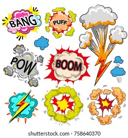 Vector vintage pop art speech and explosion bubble set with fashion phrases and expressions Bang, Boom, Pow, Puff. Comic book sound effects.
