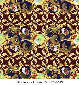 Vector vintage poppies seamless pattern (hand drawn) in yellow, beige and brown colors.