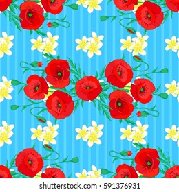 Vector vintage poppies seamless pattern (hand drawn) on blue background. Cute poppy flowers vector illustration.