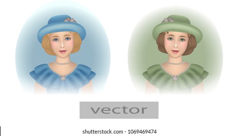 Vector. Vintage portrait of a girl in two colors green and blue, retro portrait of a beautiful girl in a vintage hat, dress with ruffles, pearls on the neck .Isolated on white background.