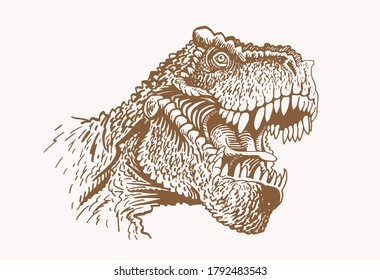 Vector vintage portrait of tyranosaurus , sepia background, graphical dinosaur