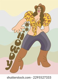 Vector vintage portrait of young attractive  girl in cowboy hat. Wild beauty. Retro cowgirl.