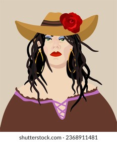 Vector vintage portrait of young attractive  girl in cowboy hat with rose. Wild beauty. Retro cowgirl.