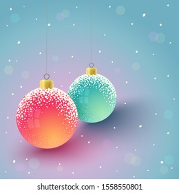 Vector vintage postcard with Christmas balls and snow. Retro Christmas card with balls on snow.
