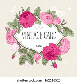 Vector vintage postcard. Frame of blooming pink roses on a gray background.