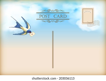 Vector vintage postcard with free flying bird swallow, letter mail on a blue sky nature background with white clouds