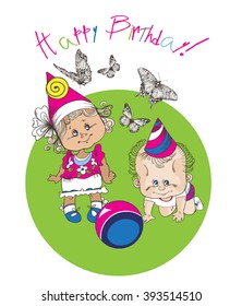 Vector Vintage postcard, on which two 
small children in holiday caps shown