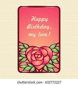 Vector vintage postcard with stainless heart shaped shiny rose flower into leaves. Romantic design invitation for wedding, birthday and valentine day