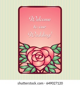 Vector vintage postcard with stainless heart shaped shiny rose flower into leaves. Romantic design invitation for wedding, birthday and valentine day