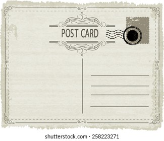 Vector Vintage Postcard with Stamps, Postmark and Retro Decorative Border Frames .