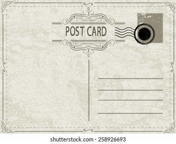 Vector Vintage Postcard with Stamps, Postmark and Retro Decorative Border Frames .