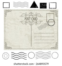 Vector Vintage Postcard with Stamps, Postmark and Retro Decorative Border Frames .