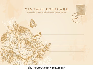 Vector vintage postcard in Victorian style. Brown floral bouquet of roses, forget-me-and delphinium on shabby beige background.