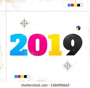 Vector vintage poster with 2018 in CMYK style. Retro poster for new year 2019