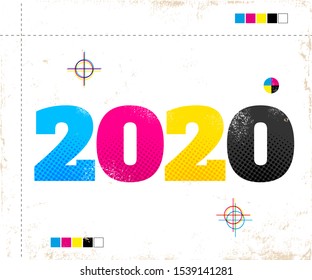 Vector vintage poster with 2020 in CMYK style. Retro poster for new year 2020