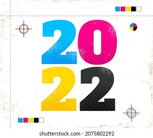 Afiche vectorial vintage con 2022 al estilo CMYK. Afiche retro para el nuevo año 2022