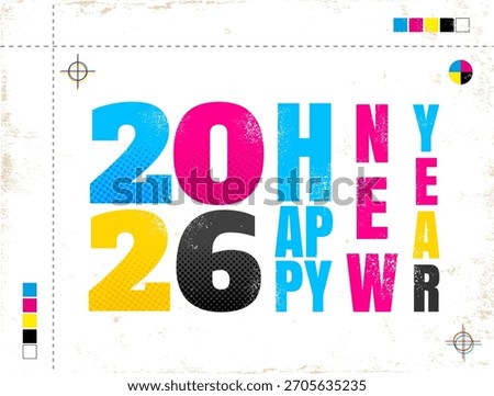 Vector vintage poster with 2026 in CMYK style. Retro poster for new year 2020. Happy new year 2026