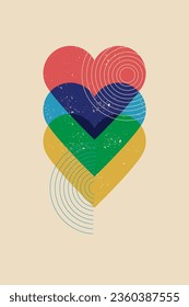Vector vintage poster with abstract geometric shapes, hearts. Risograph style. Creative backgrounds. Great element for your cover design.