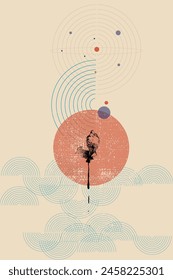 Póster vintage de Vector con Formas geométricas abstractas y estilo risografo de ave