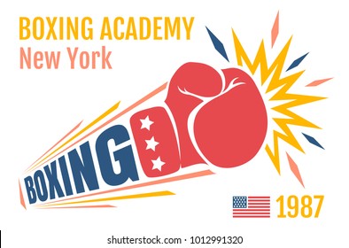 Vector vintage poster for a boxing with glove. Emblem for boxing on with American flag.