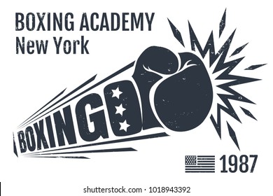 Vector vintage poster for a boxing with glove. Retro emblem for boxing on with American flag