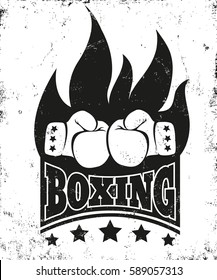 Vector vintage poster for boxing with gloves and fire. Vintage sport logo for boxing