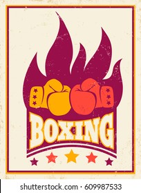 Vector vintage poster for boxing with gloves and fire. Vintage logo for boxing with flame.