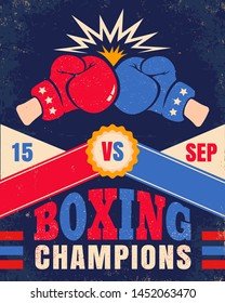 Afiche vectorial vintage para un boxeo con dos guantes. Afiche con emblema para boxear sobre viejos antecedentes de papel.