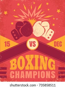 Vector vintage poster for a boxing with two gloves. Poster with emblem for boxing on old paper background