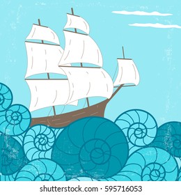 Vector vintage poster or card with ship and waves